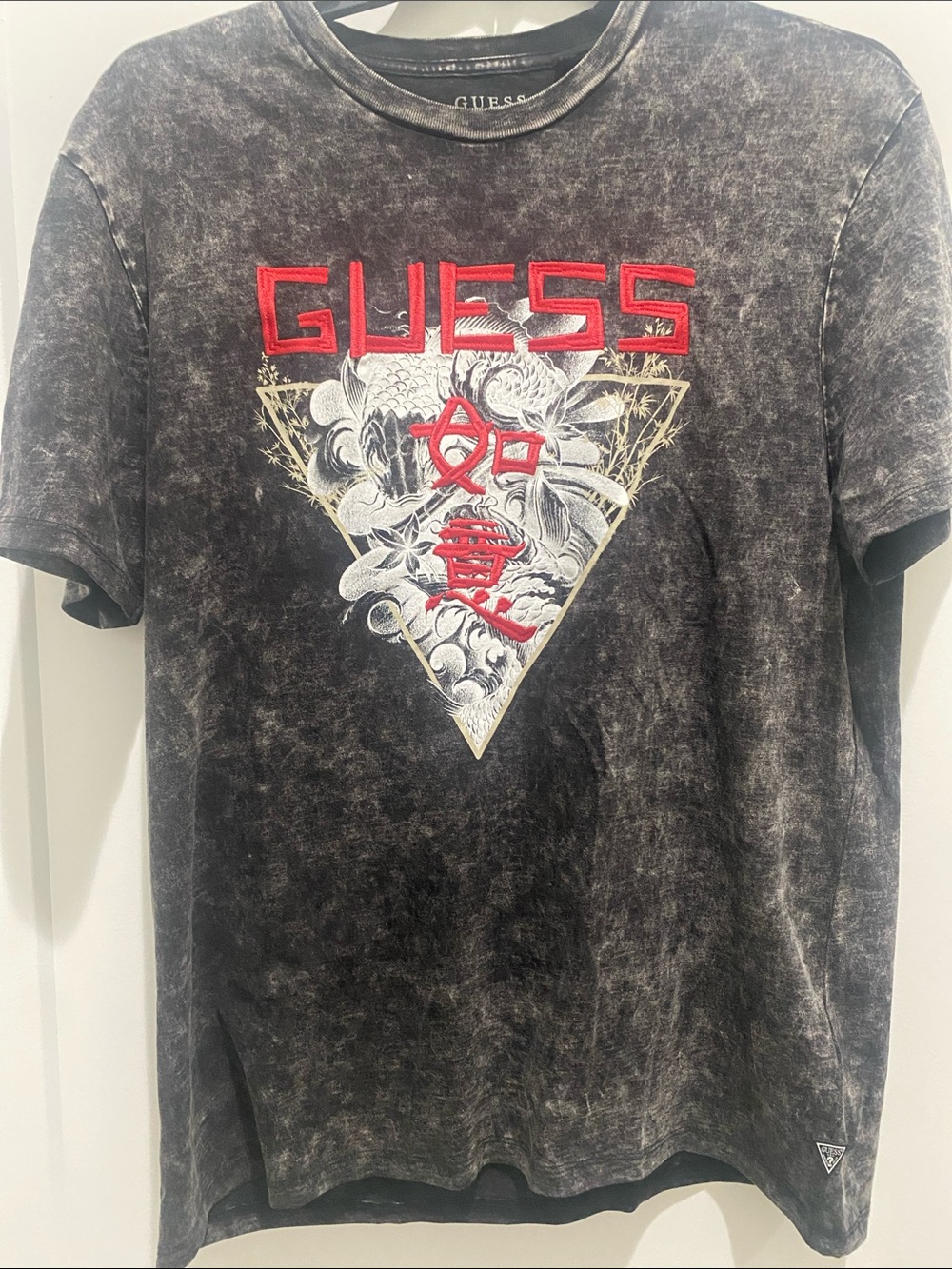 GUESS Black Washed Short-Sleeve Tee with Red Logo and Gold Triangle